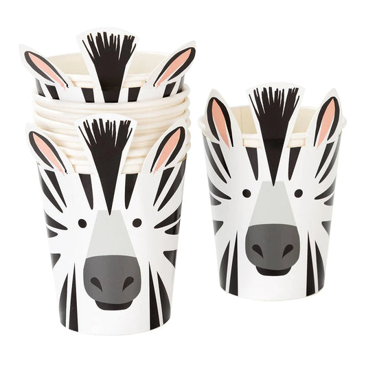 Set of zebra paper cups for kids’ jungle and safari-themed parties.