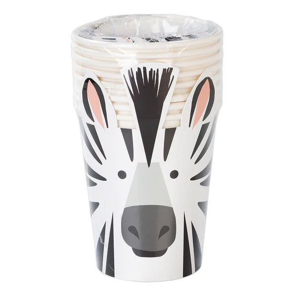 Packaged zebra paper cups with cute safari design for jungle-themed kids’ parties, available for Canada-wide shipping.